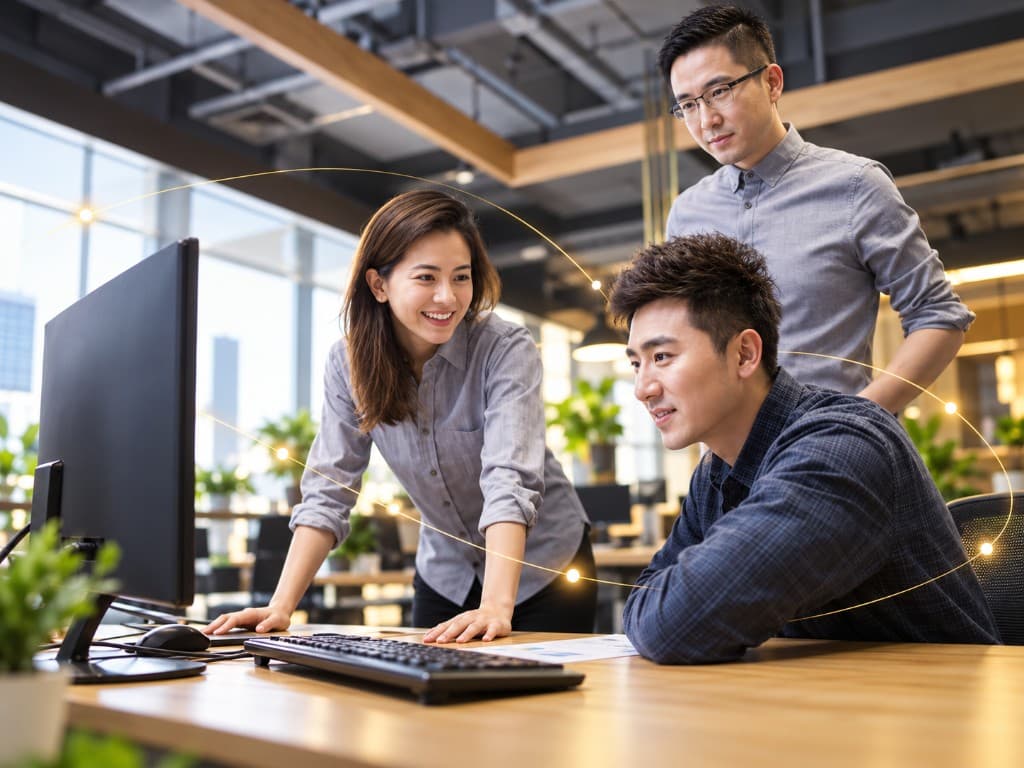 TwinLink teammates reviewing work together at a desk