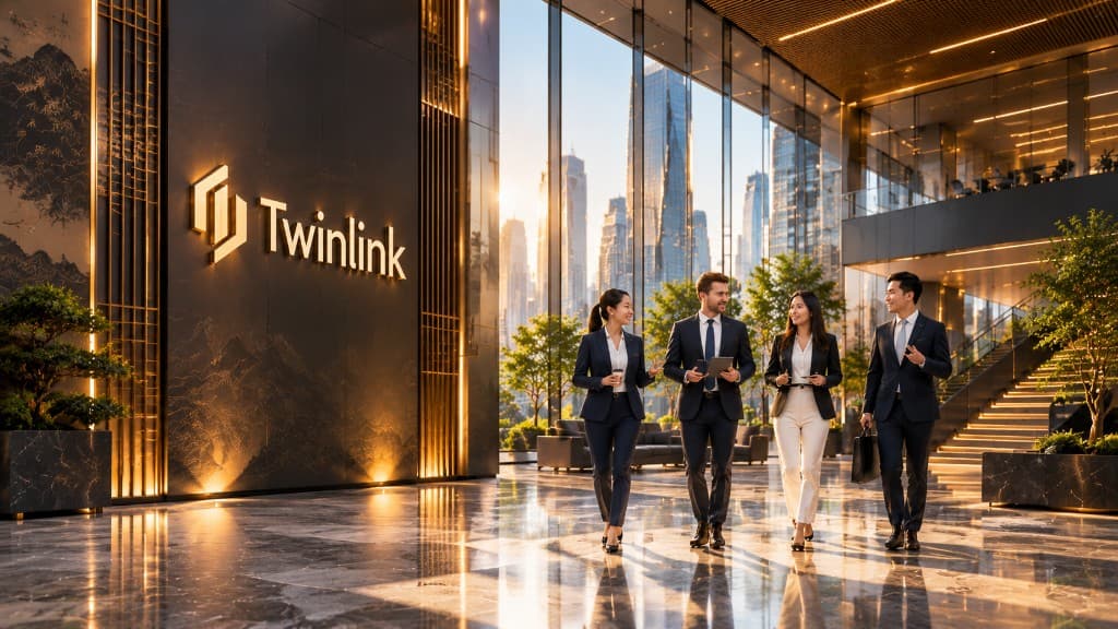 Twinlink lobby with the team walking through the headquarters